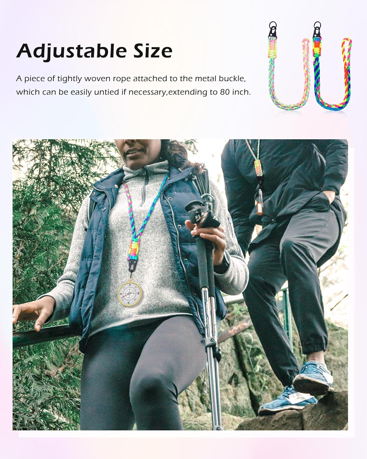 2 Pcs Heavy Duty Neck Lanyard Keychain for Men Women Outdoor Survival, Parachute Rope Necklace Keychains with HK Clip Key Ring for ID Card Badge Holder, Camera, Wallet and Keys (Rainbow) - Image 7