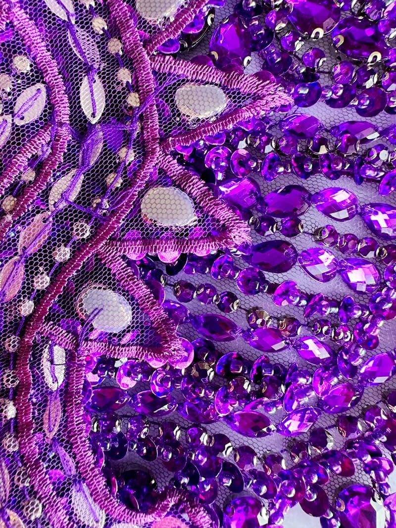 Handmade Crystal on lace Applique Sewing Rhinestones Beads Sequins Patches Trim Luxury Decoration Accessories for Wedding Dress (Purple)