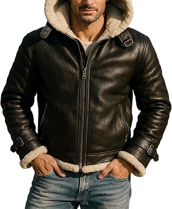 Mens B3 Winter Shearling Bomber Jacket - Aviator Pilot Sheepskin Black Leather Jacket Removable Hoodie