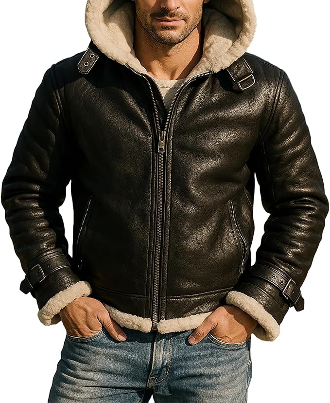 Mens B3 Winter Shearling Aviator Pilot Jacket Men Removable Hoodie Black Real Sheepskin Leather Bomber Jacket, 3X-Large at Amazon Men’s Clothing store