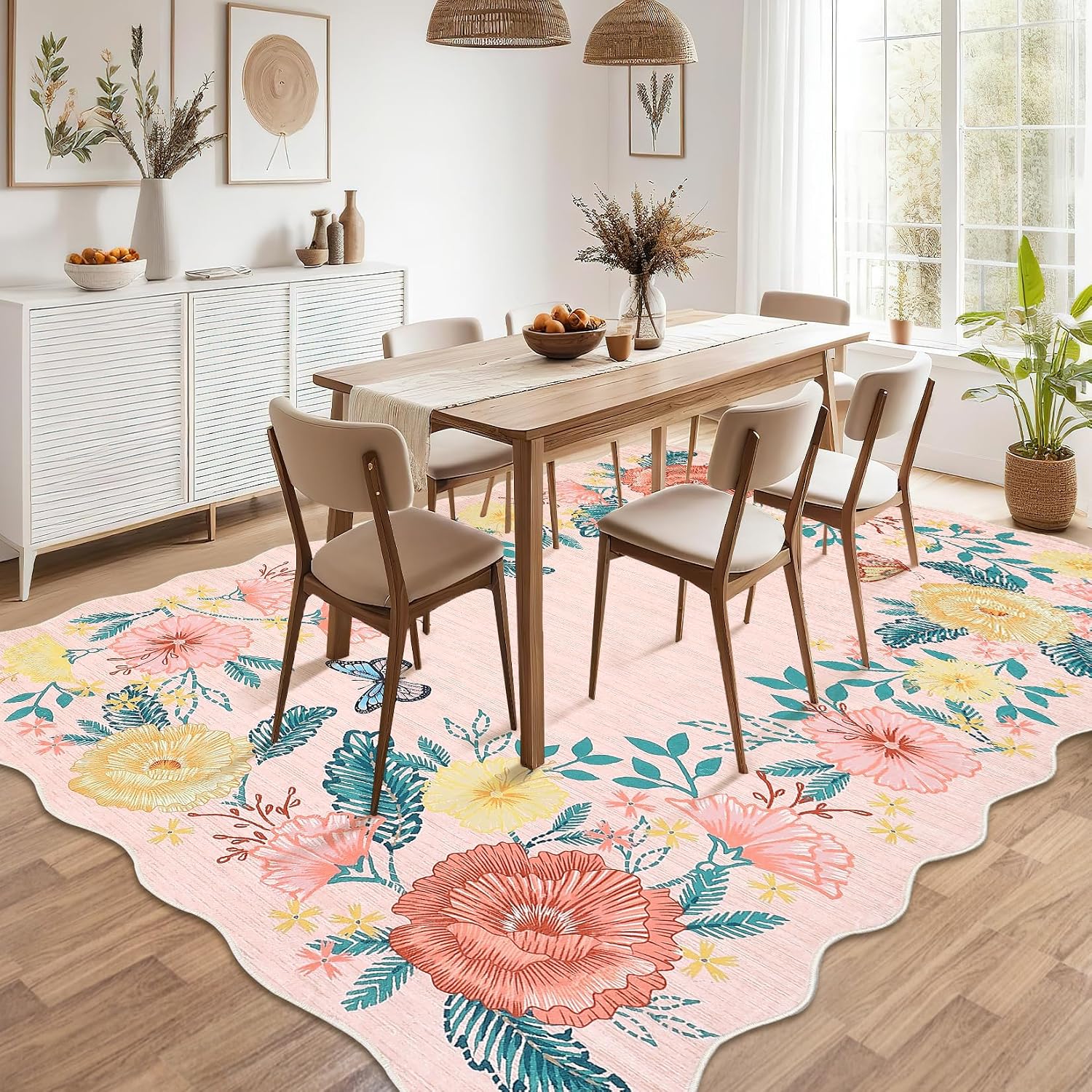 Garvee Scalloped Machine Washable Rugs 9x12 Large Area Rug for Living Room, Bedroom, Low Pile Non-Slip Flower Accent Carpet Neutral Soft Stain Resistant Rug for Dining Room, Office, Nursery, Pink
