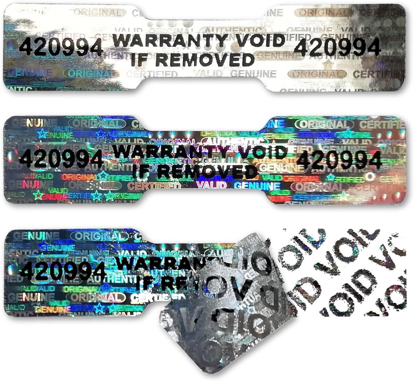 DOGBONE/Dumbell Hologram Numbered Stickers, 45mm x 10mm, Silver Labels, Tamper-Evident, Secure, Valid, Authentic, Warranty, Security