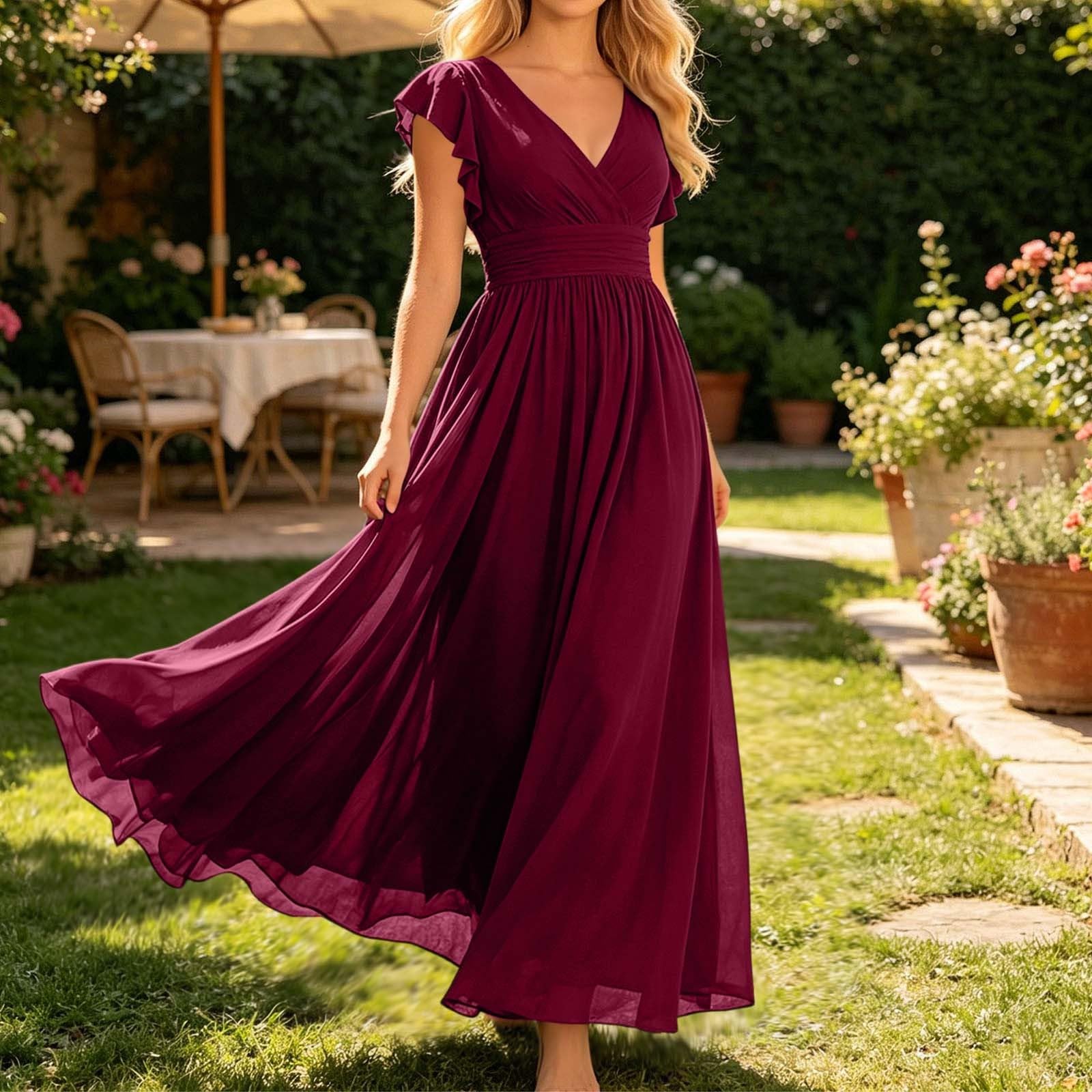 Vestido de noche para mujer, largo, elegante, de gasa, para bodas, con cuello en V, línea A, vestido de baile, vestido de dama de honor, vestido de dama de honor, vestido de fiesta, vestido de fiesta