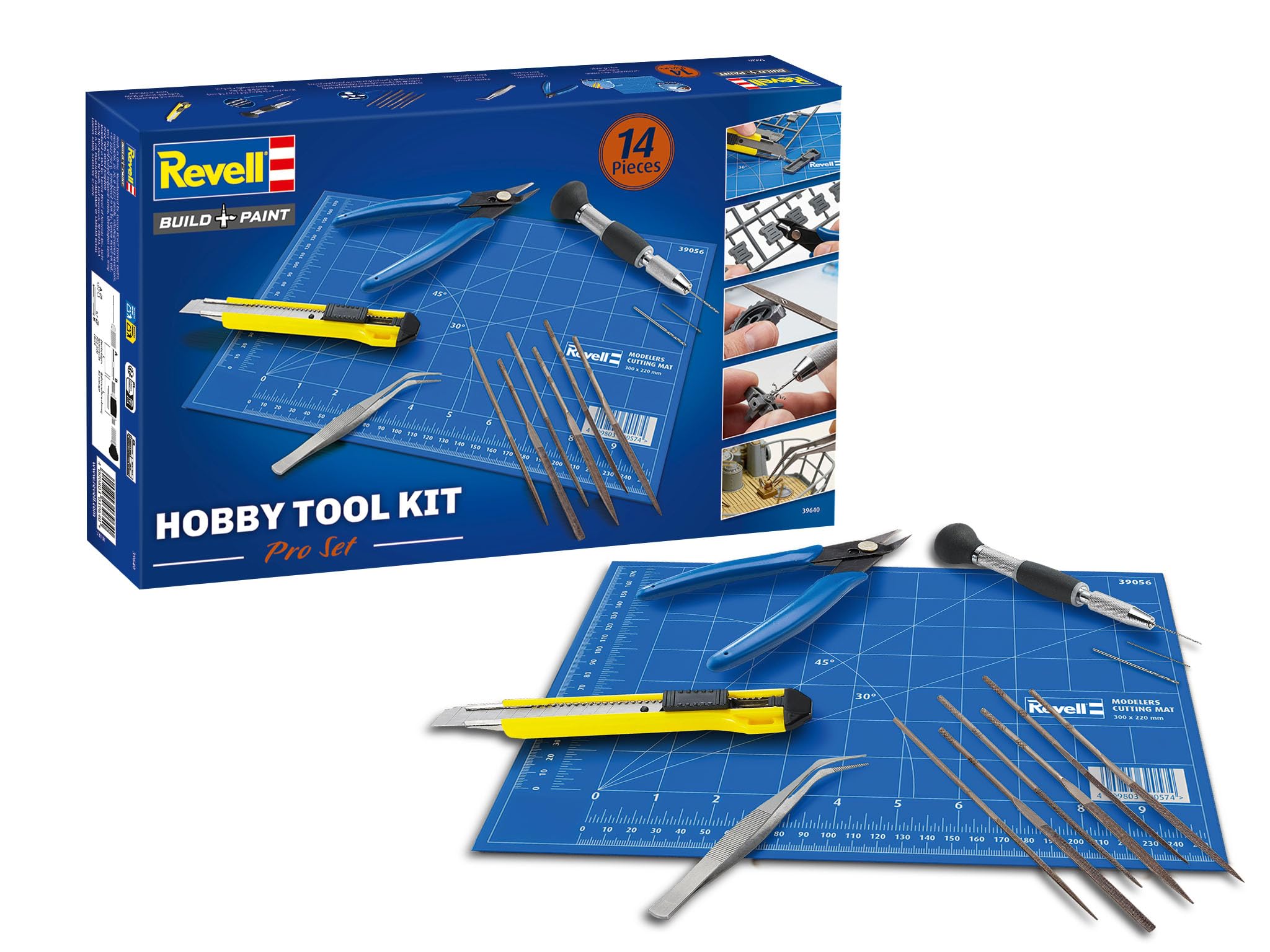 Revell Hobby Tool Kit Pro – mit essentiellen Modell- und Hobbywerkzeugen – Seitenschneider, Präzisionsmesser, Pinzette, 6 Nadelfeilen, Handbohrer, 3 Bohrer und Schneidematte 30 x 32 cm