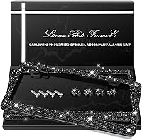 QUANQIUFEI 2 Pack Black Bling Rhinestone License Plate Frames for Women - Sparkly Stainless Steel Car Accessories with Crystal Caps