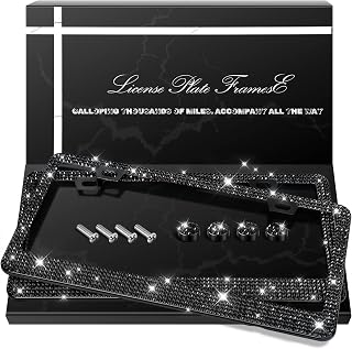 QUANQIUFEI 2 Pack Black Bling Rhinestone License Plate Frames for Women - Sparkly Stainless Steel Car Accessories with Crystal Caps