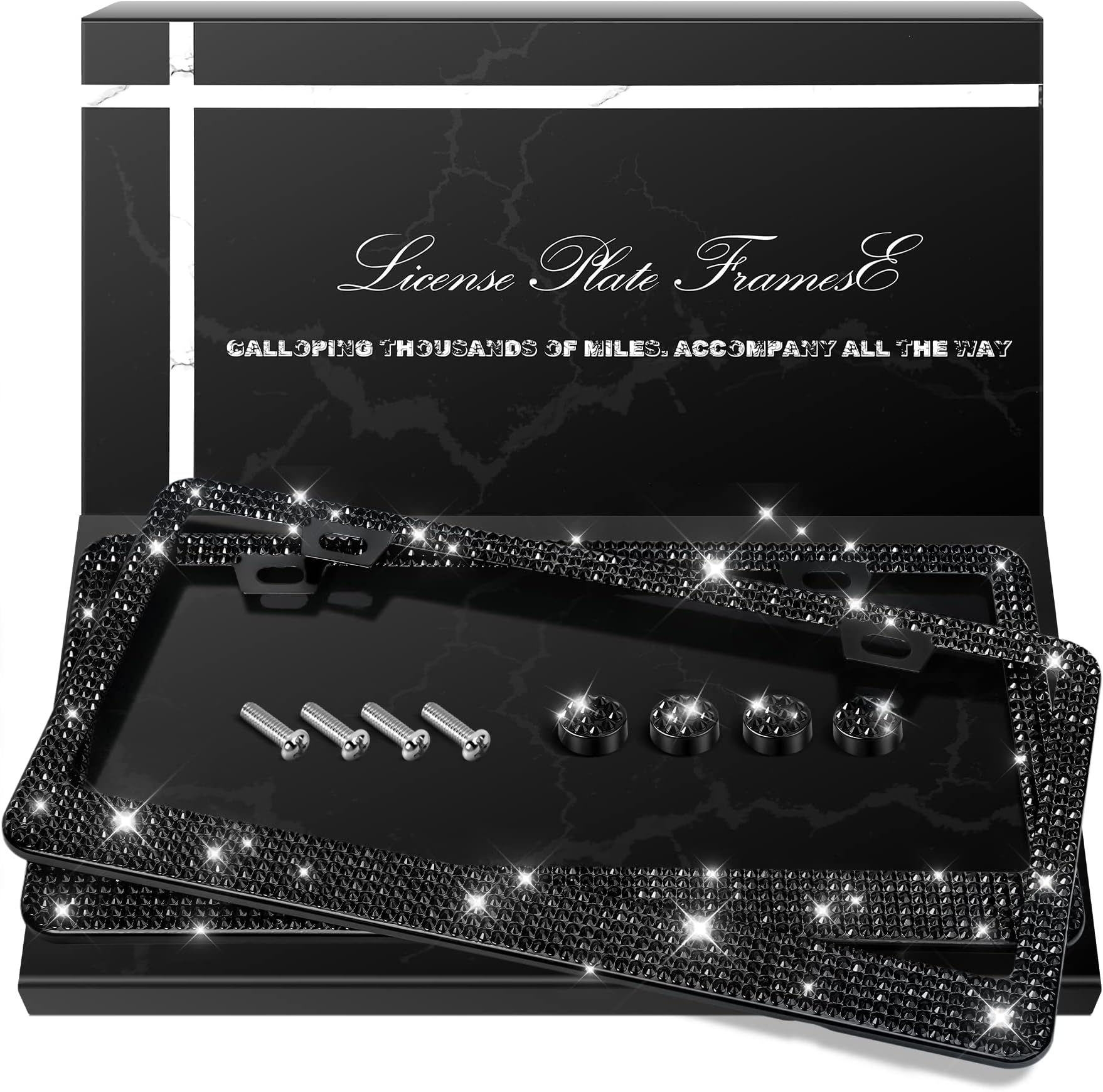 QUANQIUFEI 2 Pack Bling License Plate Frames, Sparkly Rhinestone Diamond Car License Plate Cover for Women, Stainless Steel Car Accessories with Glitter Crystal Caps (Black)