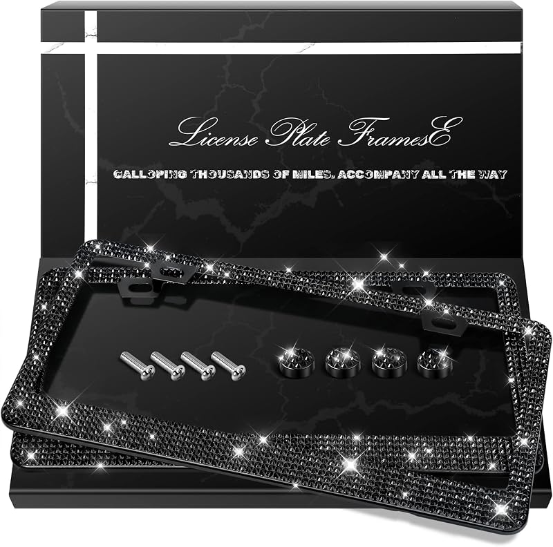 QUANQIUFEI Paquete de 2 marcos de matrícula brillantes, cubierta de matrícula de auto con diamantes de imitación brillantes para mujer, accesorios de auto de acero inoxidable con tapas de cristal con purpurina (negro)