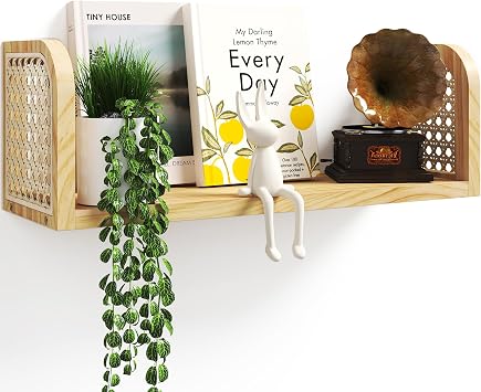 17 Inch Rattan Wall Shelf, Wooden Hanging Bookshelf Storage, Natural Cute Nursery Shelves Wall Mounted, Boho Decorative Floating Shelves for Kids Room, Living Room, Play Room, Bedroom