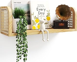 LUPWNEKA 17 Inch Rattan Wall Shelf, Wooden Hanging Bookshelf Storage, Natural Cute Nursery Shelves Wall Mounted, Boho Deco... Price In India
