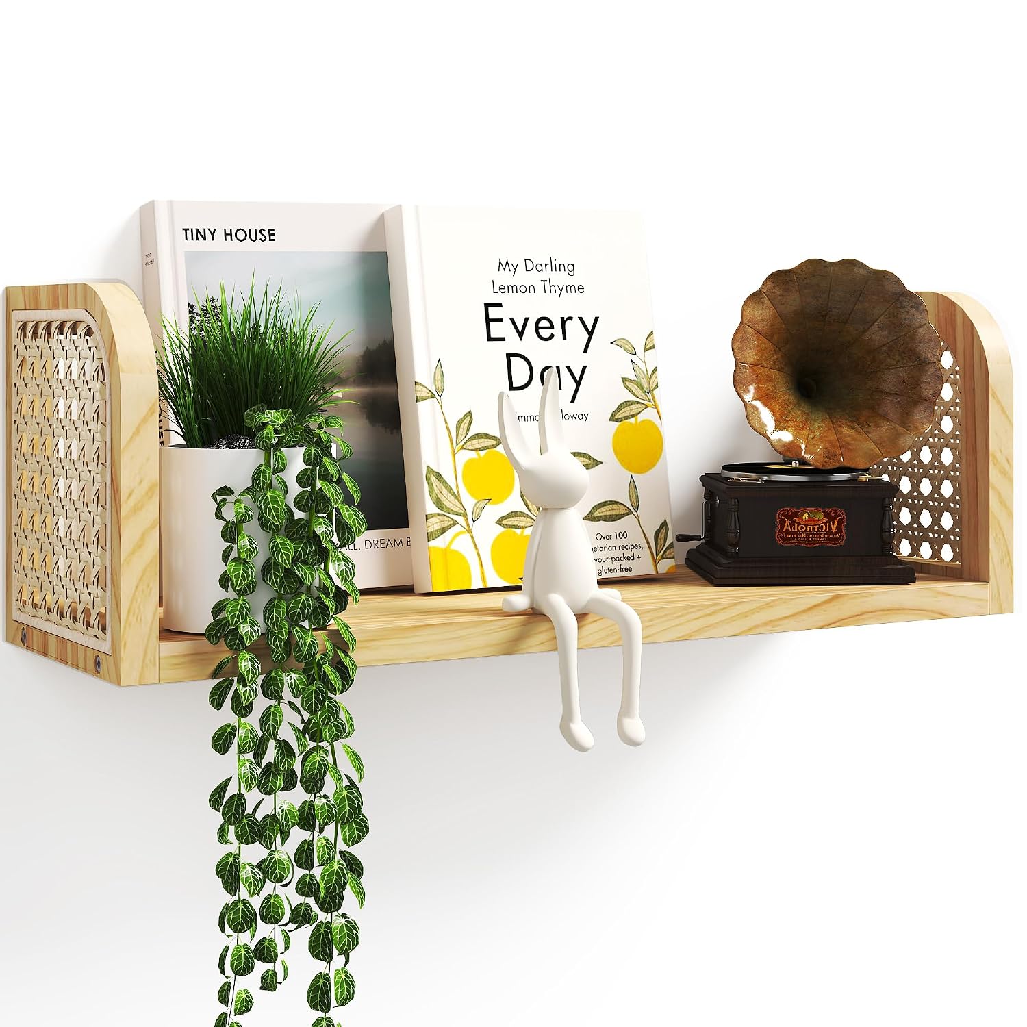 LUPWNEKA 17 Inch Rattan Wall Shelf, Wooden Hanging Bookshelf Storage, Natural Cute Nursery Shelves Wall Mounted, Boho Deco...