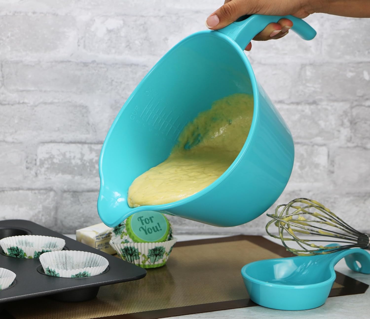 Batter Bowl With Pour Spout, Non-Slip Base,Space Saving Detachable Handle with Lid, Mixing with Measuring Spoons and Cups 2 QT Heavy Duty BPA-Free Microwave & Dishwasher Safe (Turquoise)