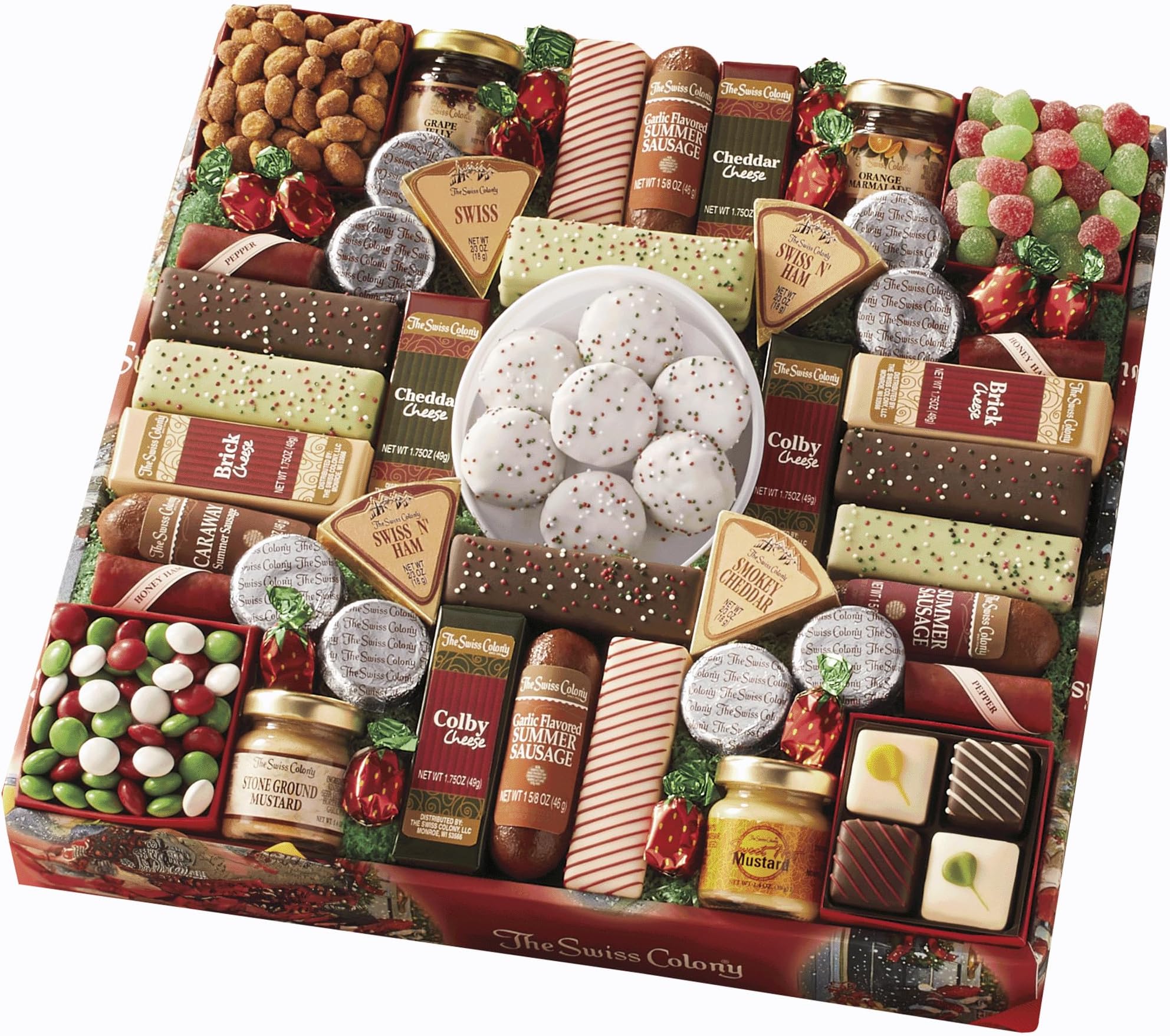 - The Swiss Colony 43 Season Pleasers - Assorted Summer Sausage Meats, Mini Meat Sticks, Cheese Bricks and Wedges, Spreadables, Candies, & Chocolate Treats, Meat and Cheese Gift Set, Charcuterie Board
