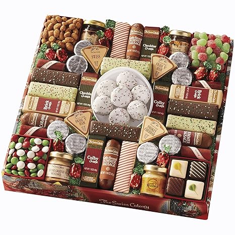 The Swiss Colony 43 Season Pleasers - Assorted Summer Sausage Meats, Mini Meat Sticks, Cheese Bricks and Wedges, Spreadables, Candies, & Chocolate Treats, Meat and Cheese Gift Set, Charcuterie Board