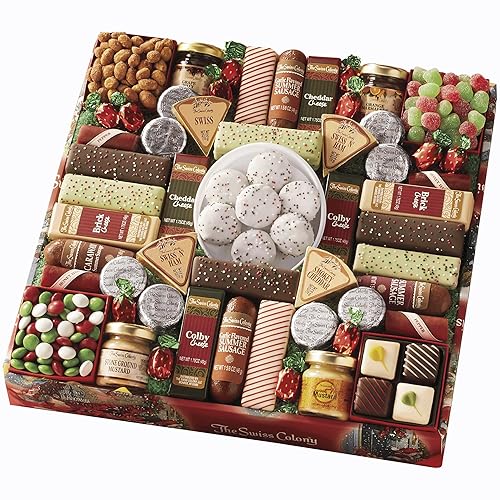 The Swiss Colony 43 Season Pleasers - Assorted Summer Sausage Meats, Mini Meat Sticks, Cheese Bricks and Wedges, Spreadables, Candies, & Chocolate Treats, Meat and Cheese Gift Set, Charcuterie Board - 43 Season Pleasers
