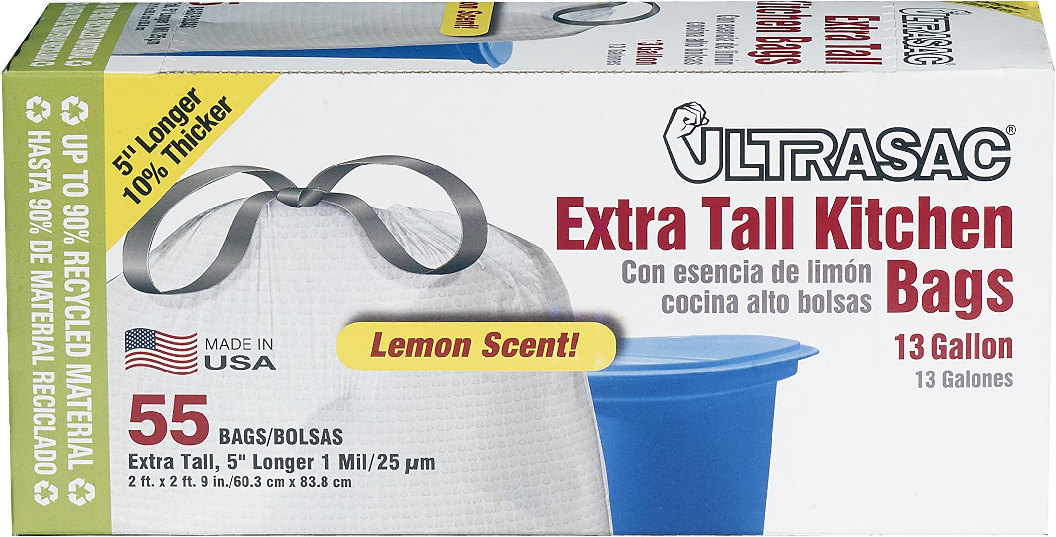 Ultrasac UL 13G LEM-55 Kitchen Lemon Drawstring Trash Bags, 13 gal, Tall