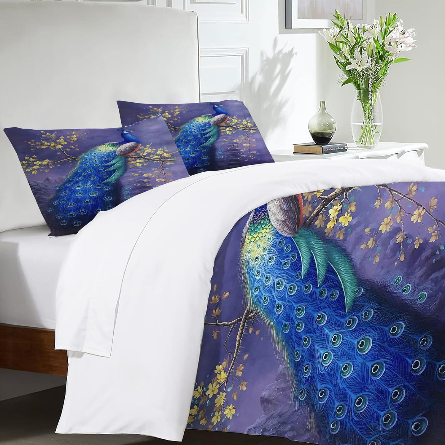 Peacock Theme 3 Pieces Duvet Cover Comforter Set with 2 Pillowcase Twin Size Purple Peacock Bed Sheet Quilt Bedroom Bedding for Lover Kids