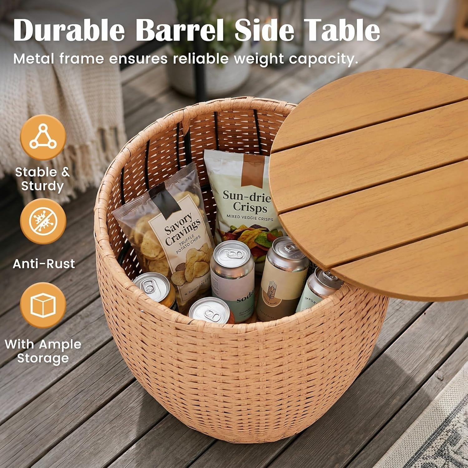 Sundale Outdoor Side Table Set of 2, Wicker Round Patio Barrel Side Tables with Storage Basket, Rattan End Table for Patio, Porch, Poolside, Garden Stool, Lounge Chair