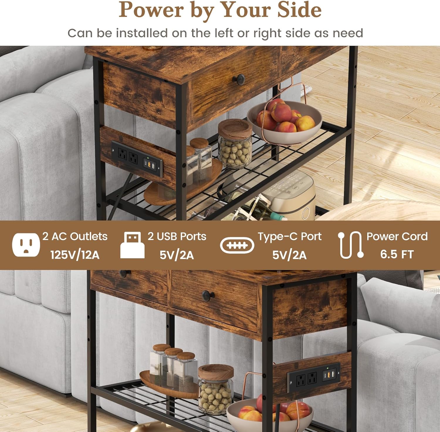 Giantex Console Table with Outlets - 3-Tier Entryway Table w/USB Ports, 2 Storage Drawers, Narrow Sofa Table, Entry Hallway Table for Living Room, Corridor, Behind Couch (Brown)