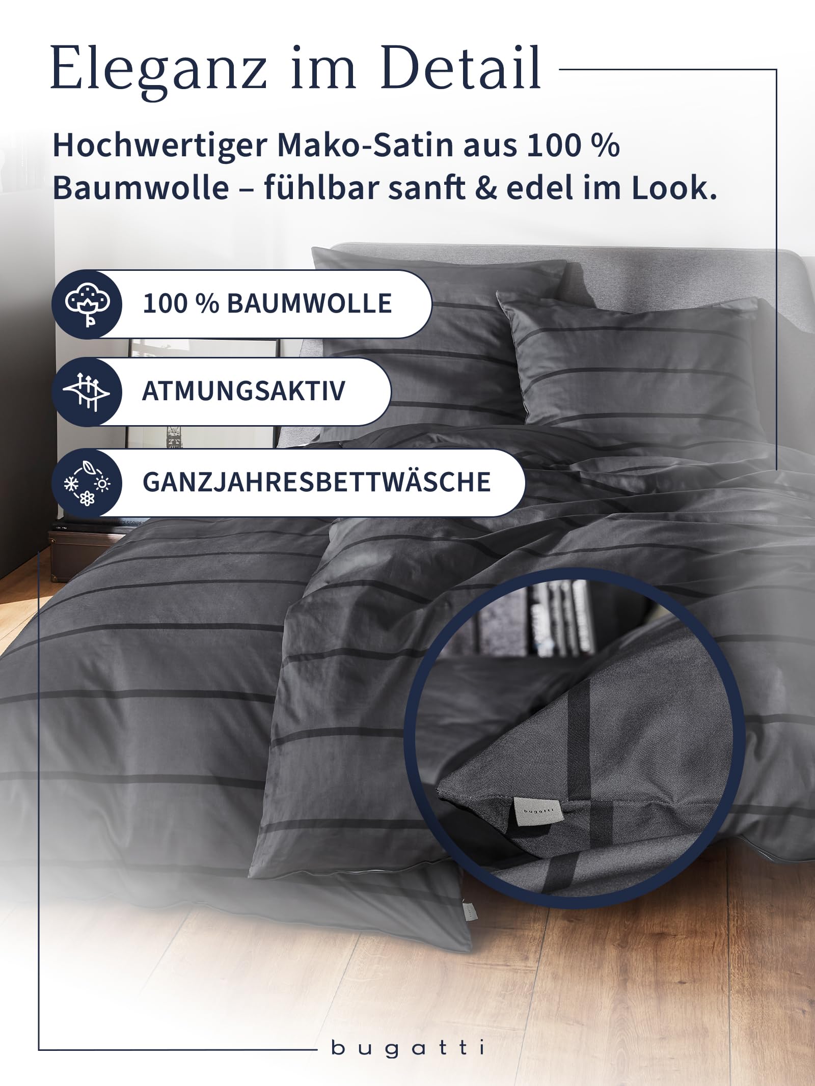 bugatti Bettwäsche 135x200 cm - Satinbettwäsche anthrazit/schwarz, 100% Baumwolle, 2 teilig mit Reißverschluss