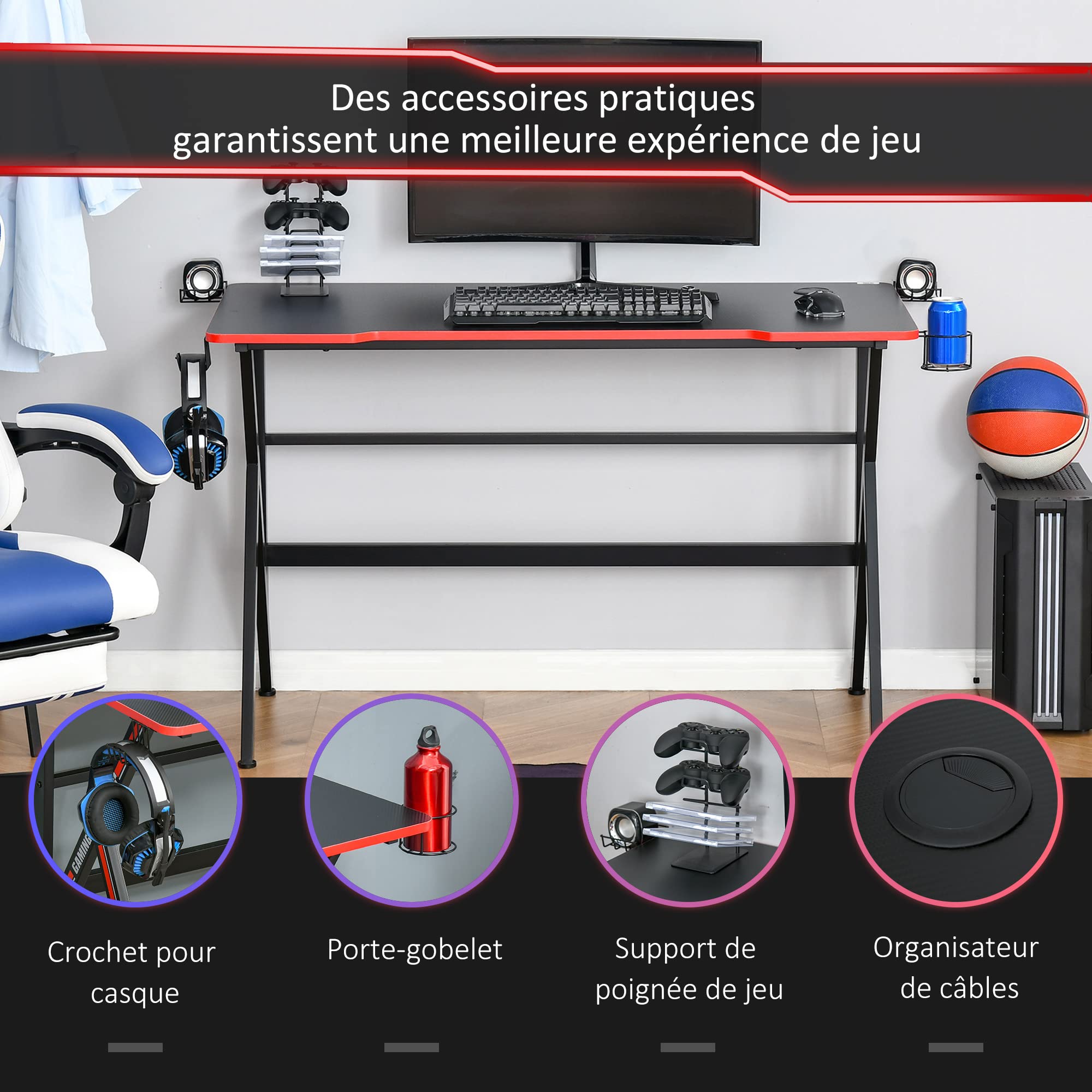 HOMCOM Bureau Gaming Racing Bureau Gamer Supports Casque Métal Rouge Noir
