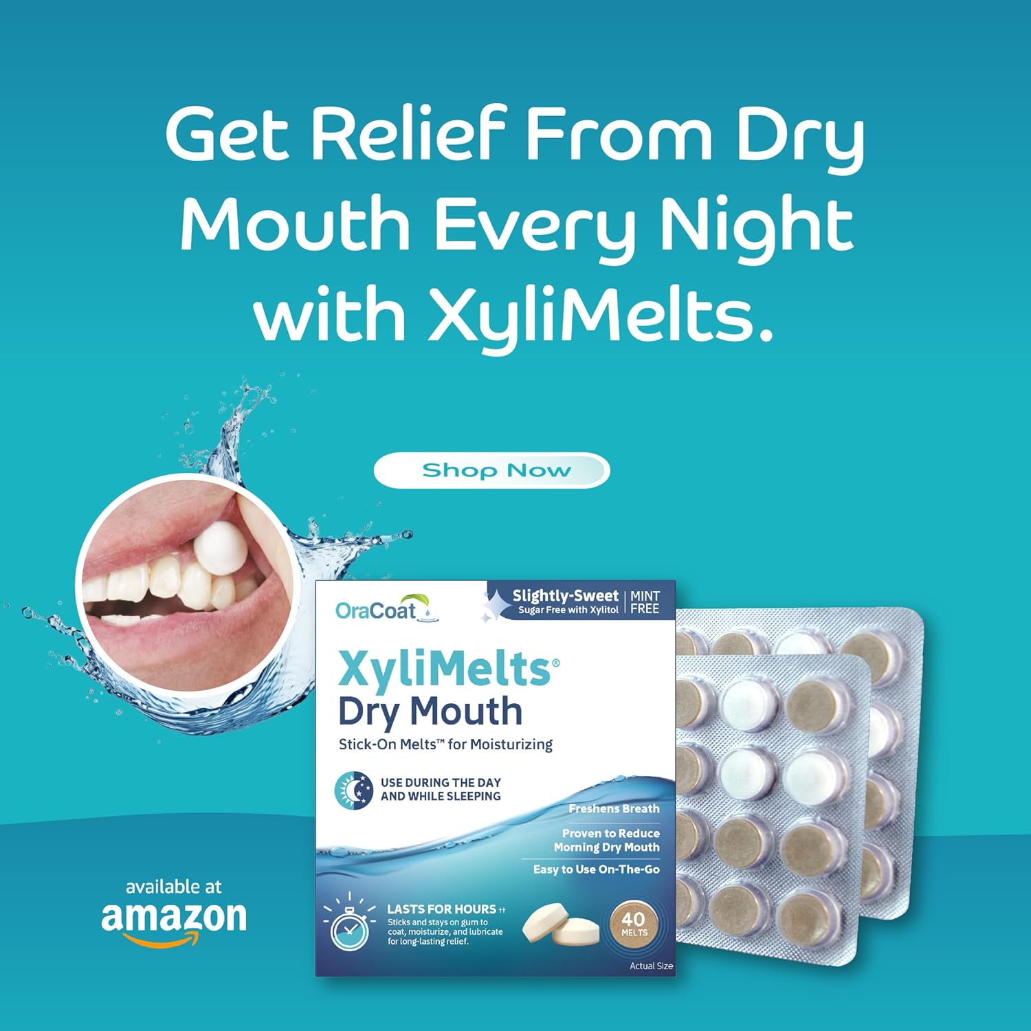 OraCoat XyliMelts Dry Mouth Relief Moisturizing Oral Adhering Discs Slightly Sweet with Xylitol For Dry Mouth, Stimulates Saliva, Non-Acidic, Day & Night Use, Time Release for up to 8 Hours, 120 Count