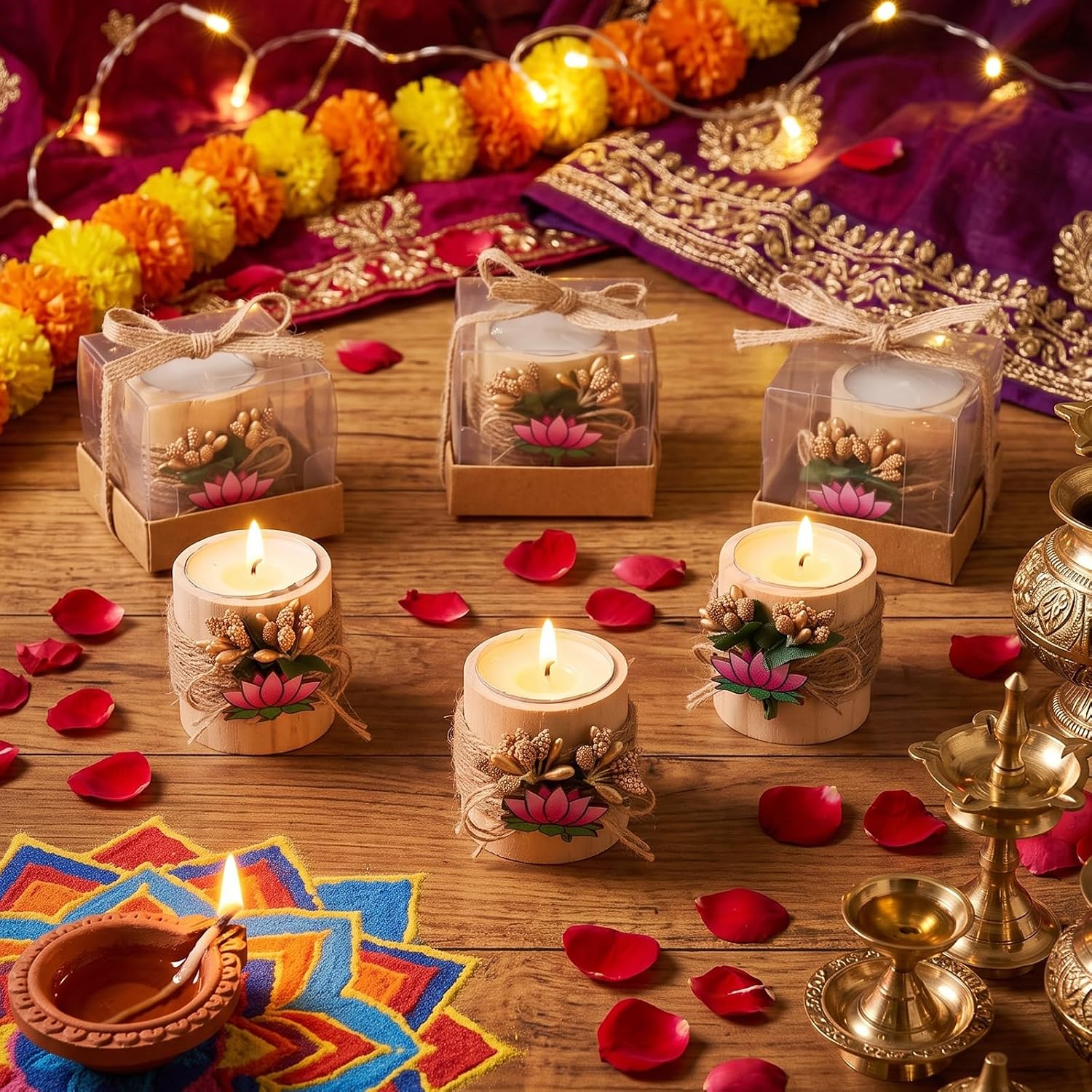 Rtteri 10 Sets Indian Return Gifts Bulk Lotus Wood Tealight Candle Holders