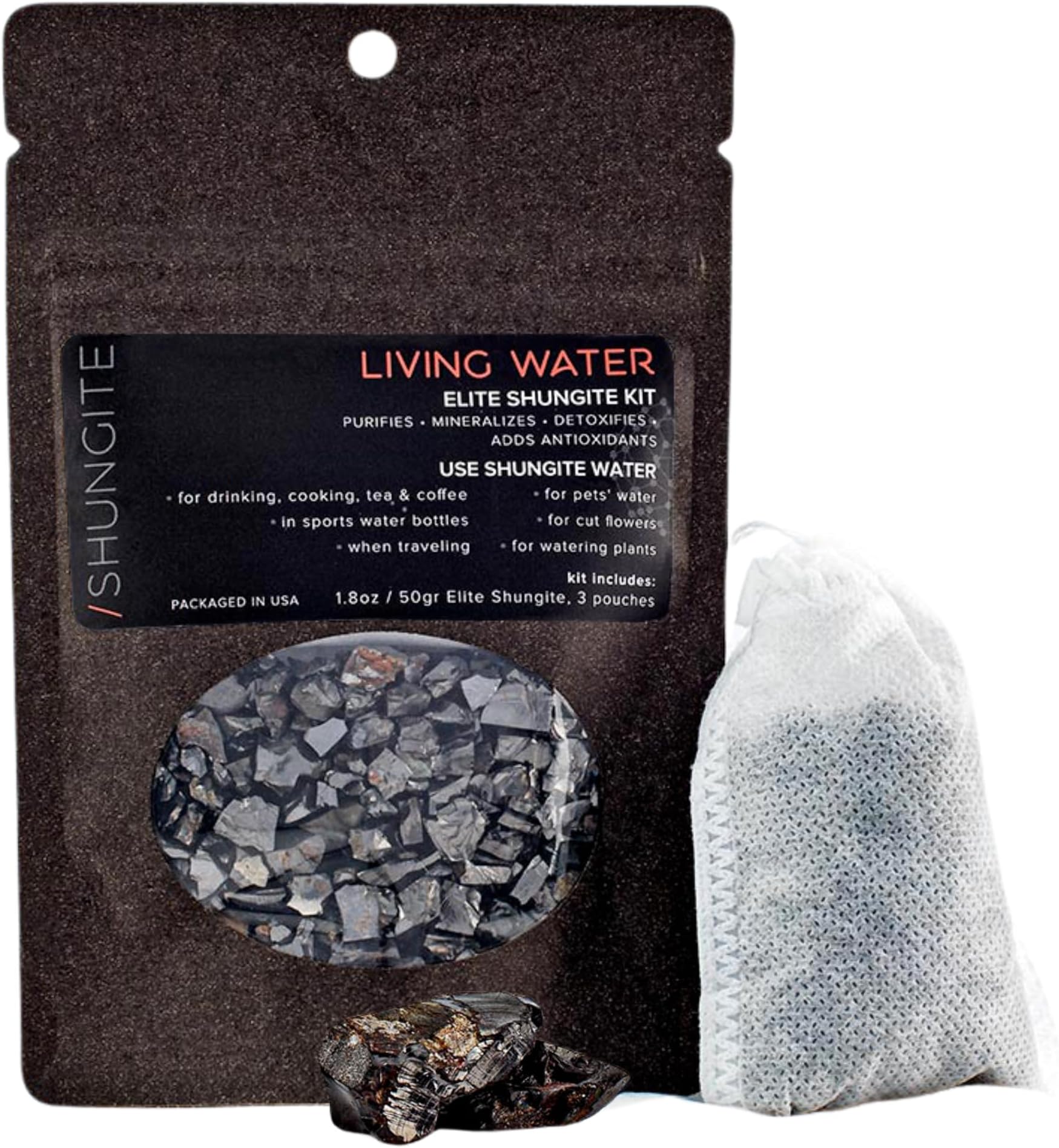 Modern ŌM Shungite Living Water Kit | Ready to Use Elite Shungite Stone Gravel Pouch Kit for Water Purification, Neutralizer, Contains Antioxidants (50g)