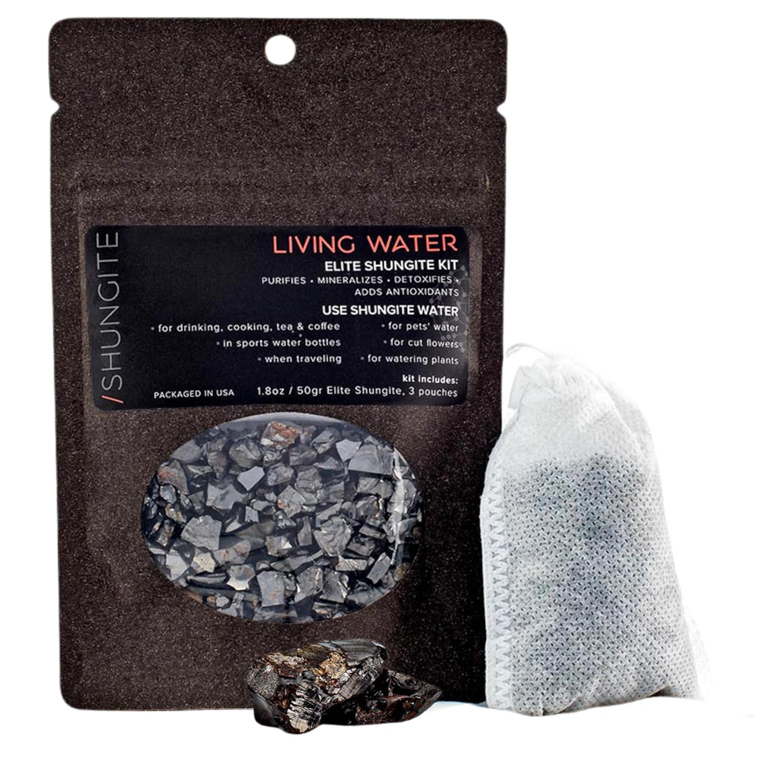 Modern ŌM Karelian Elite Shungite Stones for Water Purification | 3 Pouches of Authentic Shungite Rocks from Karelia | Living Water Treatment Kit Contains Antioxidants (50g)