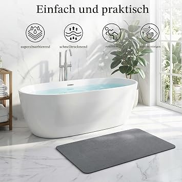 THMINS XXL Stone Bath Mat Diatomaceous Earth Shower Mat 80 x 50 cm Grey