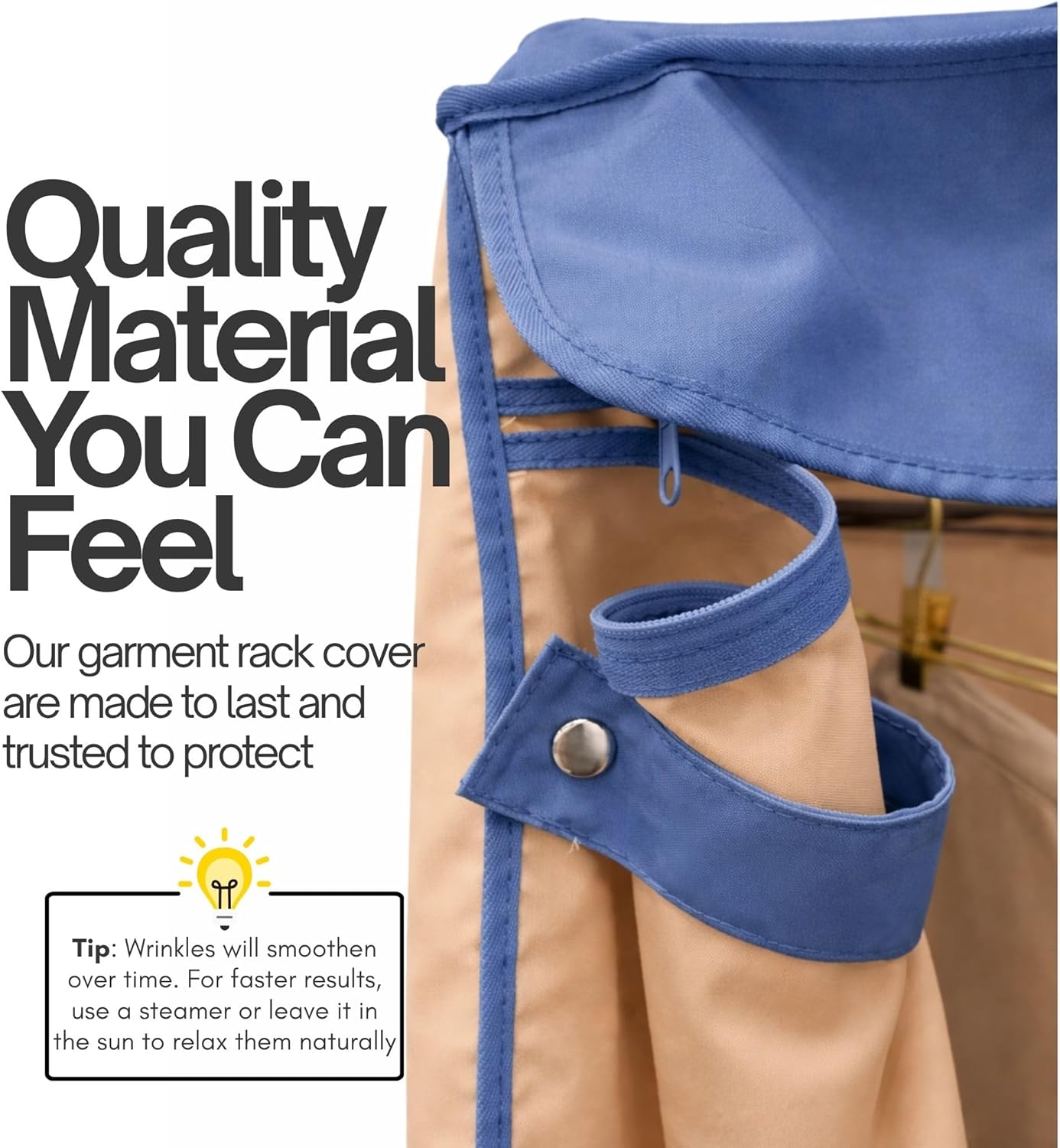 Formosa Covers Portable Garment Rolling Rack Cover - Protect Your Clothes from Dust Keep Your Room Looking Organized (Cover Only) (Beige Khaki with Dusty Blue Trim, 36" W x 16" D x 76" H)