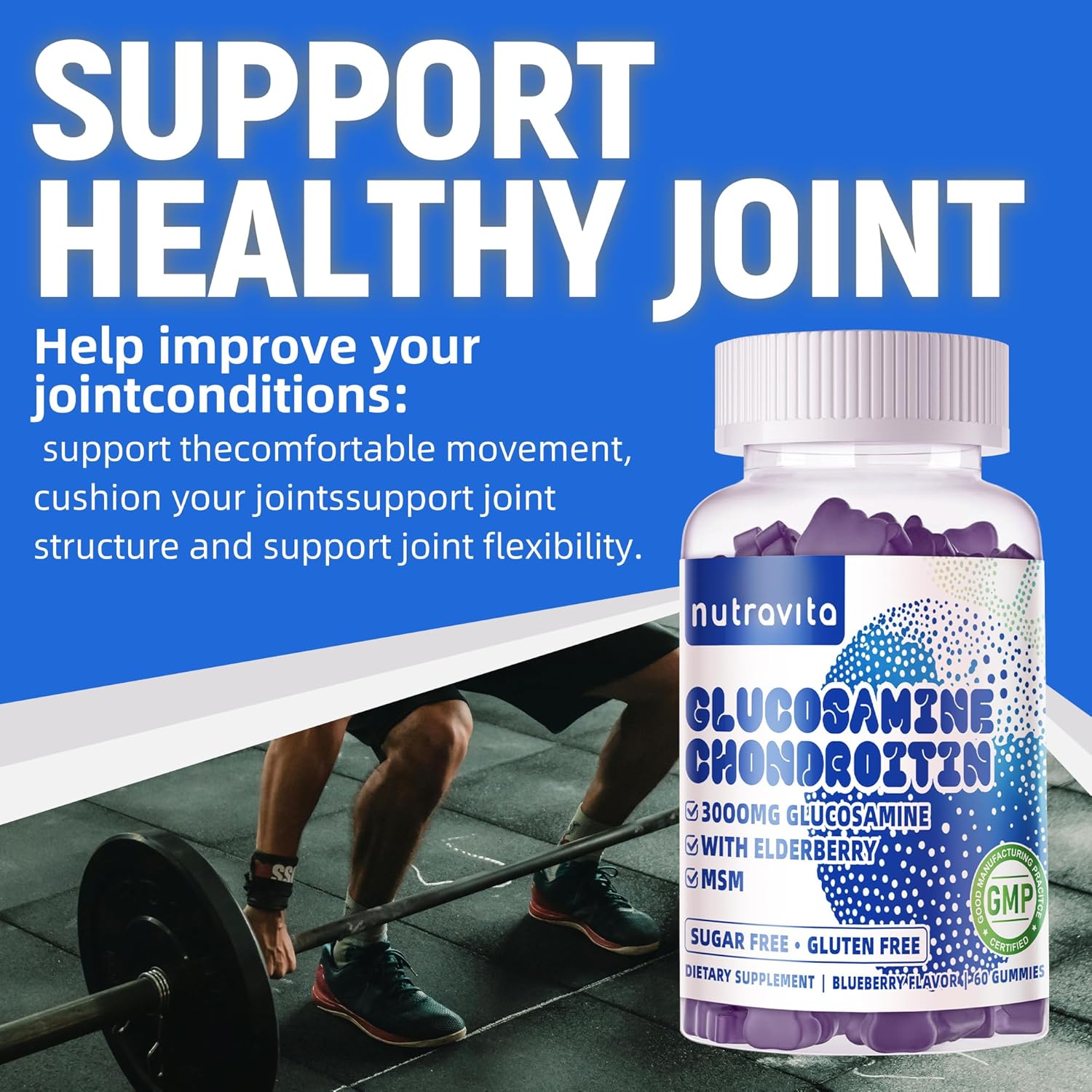 Nutravita Glucosamine Chondroitin Gummies with MSM & Elderberry Extra Strength - Joint Support, Antioxidant Immune Support Supplement for Adults, Men & Women.120 Blueberry Chews