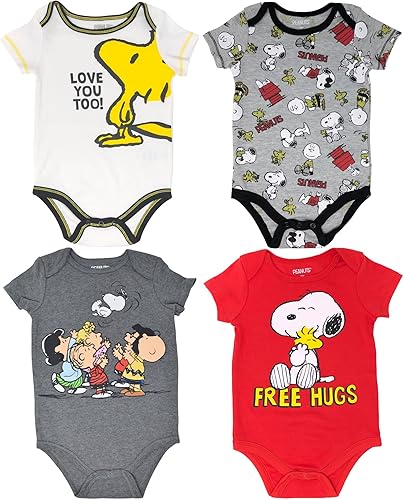 Peanuts Snoopy - Paquete de 4 mamelucos para bebés - Charlie Brown Woodstock Joe Cool Marrón