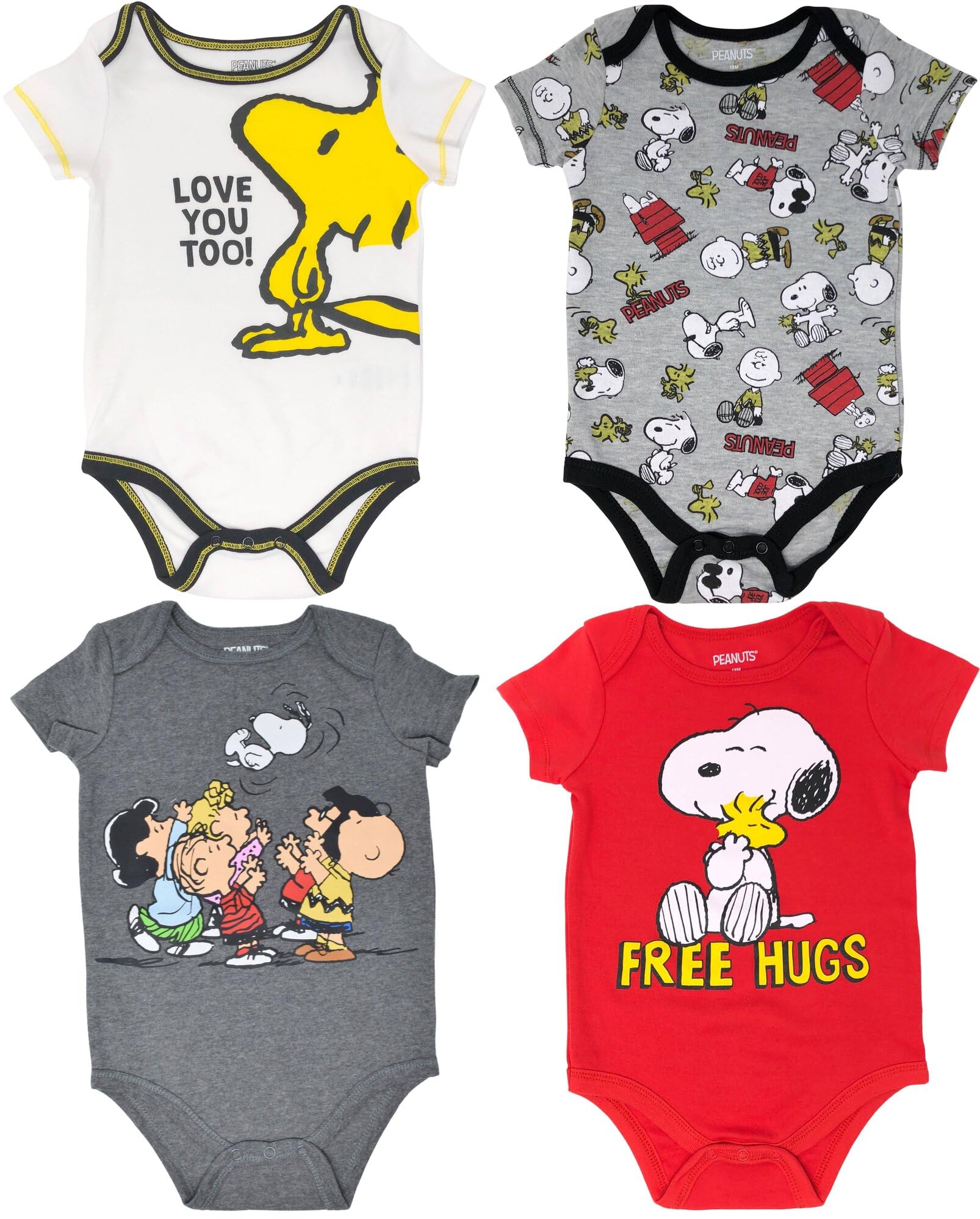PEANUTS Woodstock Snoopy Baby 4 Pack Bodysuits Newborn to Infant