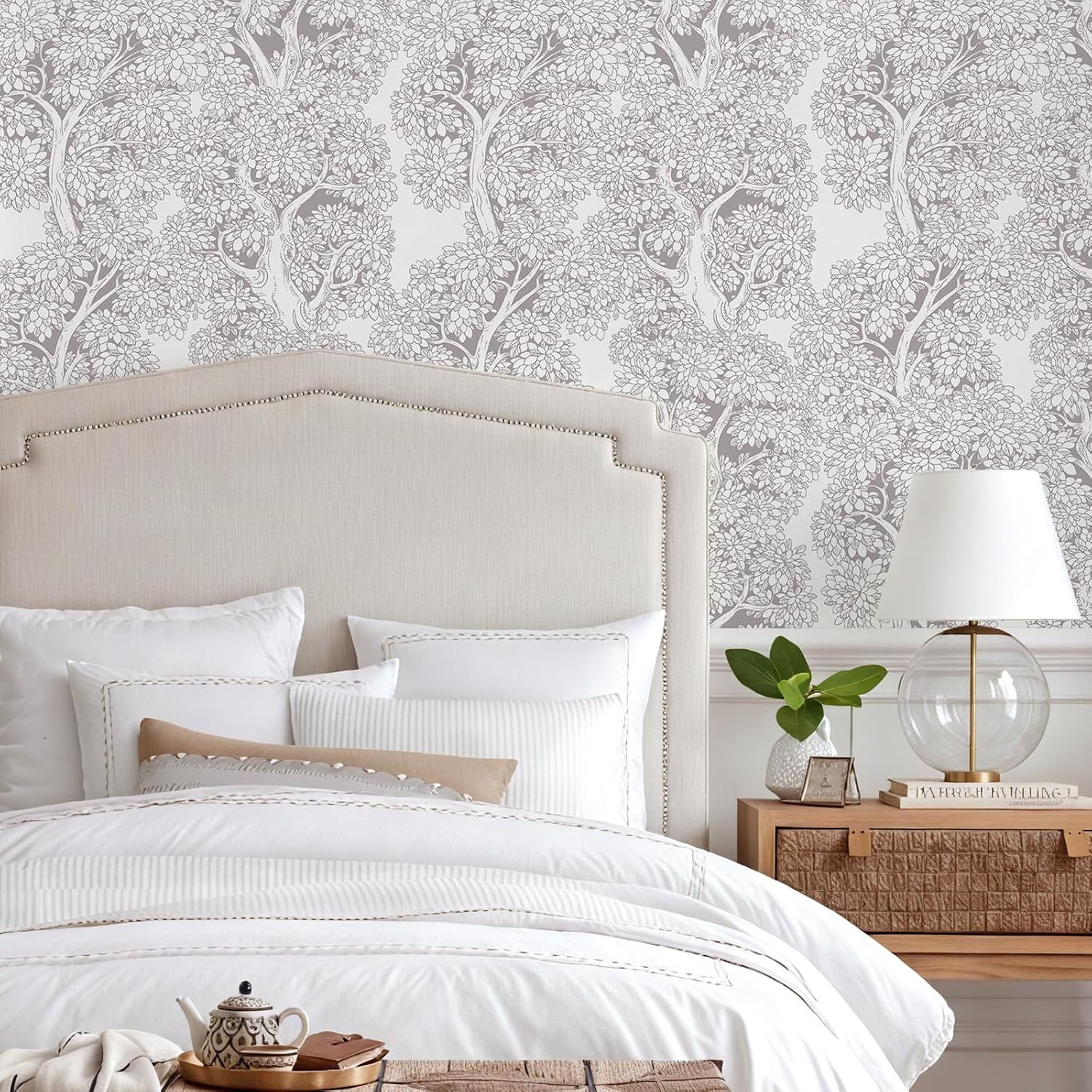 VEELIKE Taupe Forest Wallpaper Peel and Stick Whimsy Woodland Tree Wallpaper for Bedroom Bathroom 17.7''x118'' Scandinavian Botanical Wall Paper Self Adhesive Removable Forest Contact Paper for Walls