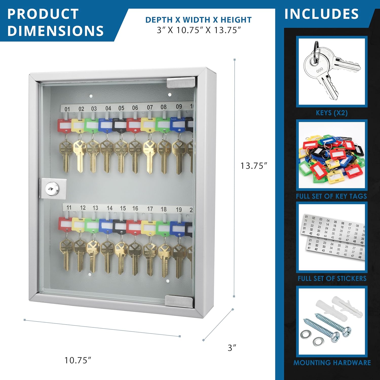 Barska Key Lock Box with Glass Door – Wall Mount Steel Key Cabinet Organizer with Labeled Hooks and Colored Key Tags for Home, Office, Property Management