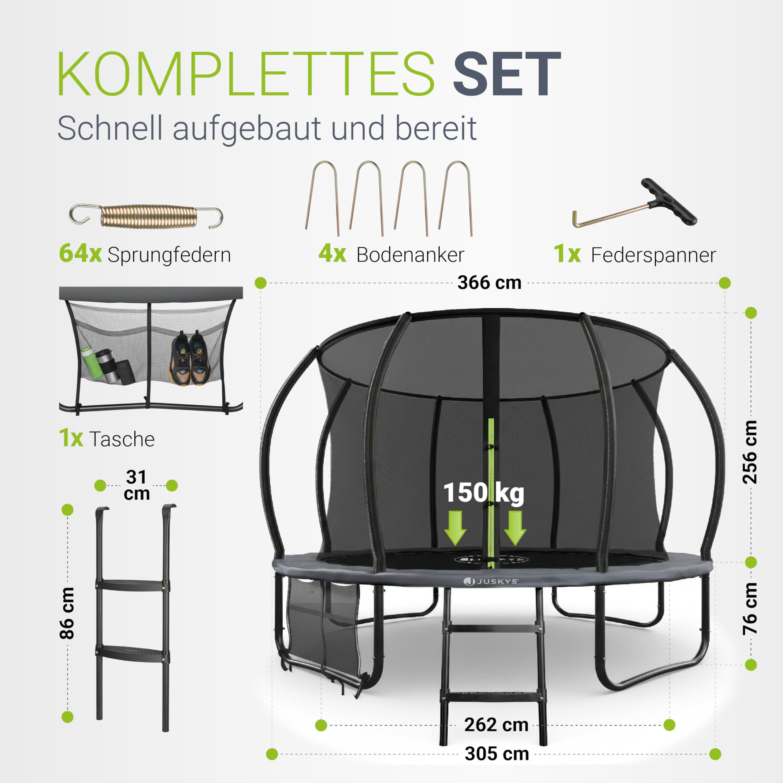 Juskys Trampolin SkyBounce – Ø 228/305 / 366 cm Outdoor Gartentrampolin mit Sicherheitsnetz, Leiter, PowerSpring Sprungfedern