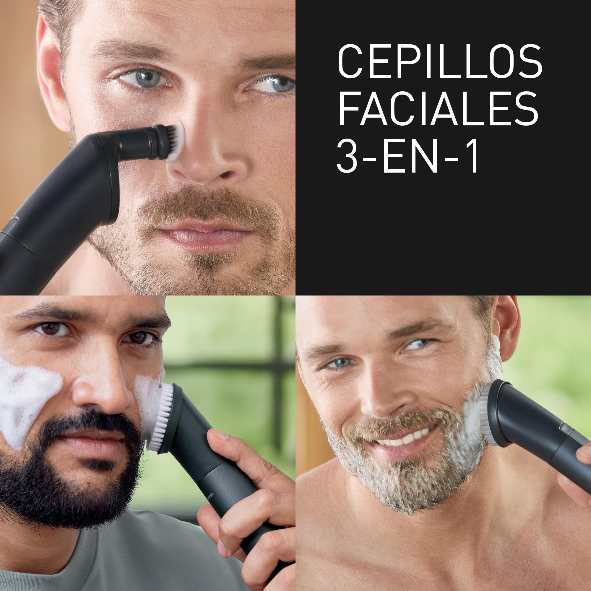 Panasonic MULTISHAPE ER-CKL2, ER-CDT1 & ER-CFB1 Paquete, Unidad principal, Accesorios Cabezales de Afeitado y Recorte, Cortabarbas y cortapelos, Cepillo Facial con batería de ion-litio, Negro