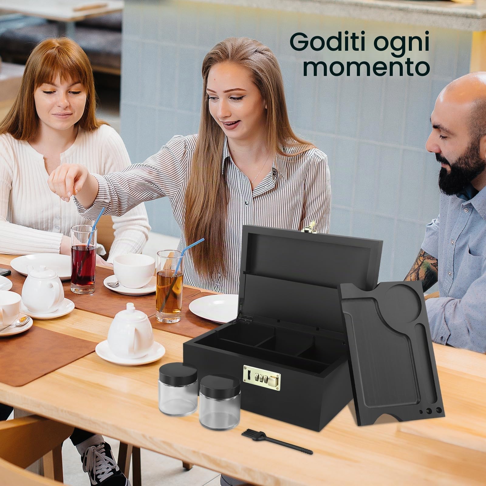 Scatola Grande in Bambù con Vassoio Scorrevole per Rollare, Scatola Portaoggetti Decorativa Multifunzionale, Set regalo di immagazzinaggio con Barattoli di Vetro e Spazzola per Pulizia (nero)