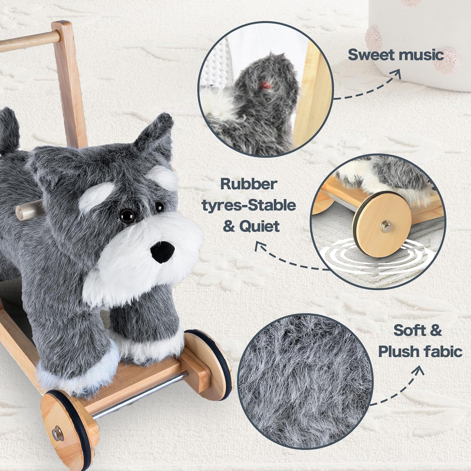 Wooden Baby Walker, 2-in-1 Baby Push Walker & Ride On Toy for Toddlers 12M+, Learning to Walk Toy with Sweet Music, Soft Cuddly Dog Toy for Boys Girls (Schnauzer Dog) CPC Certified