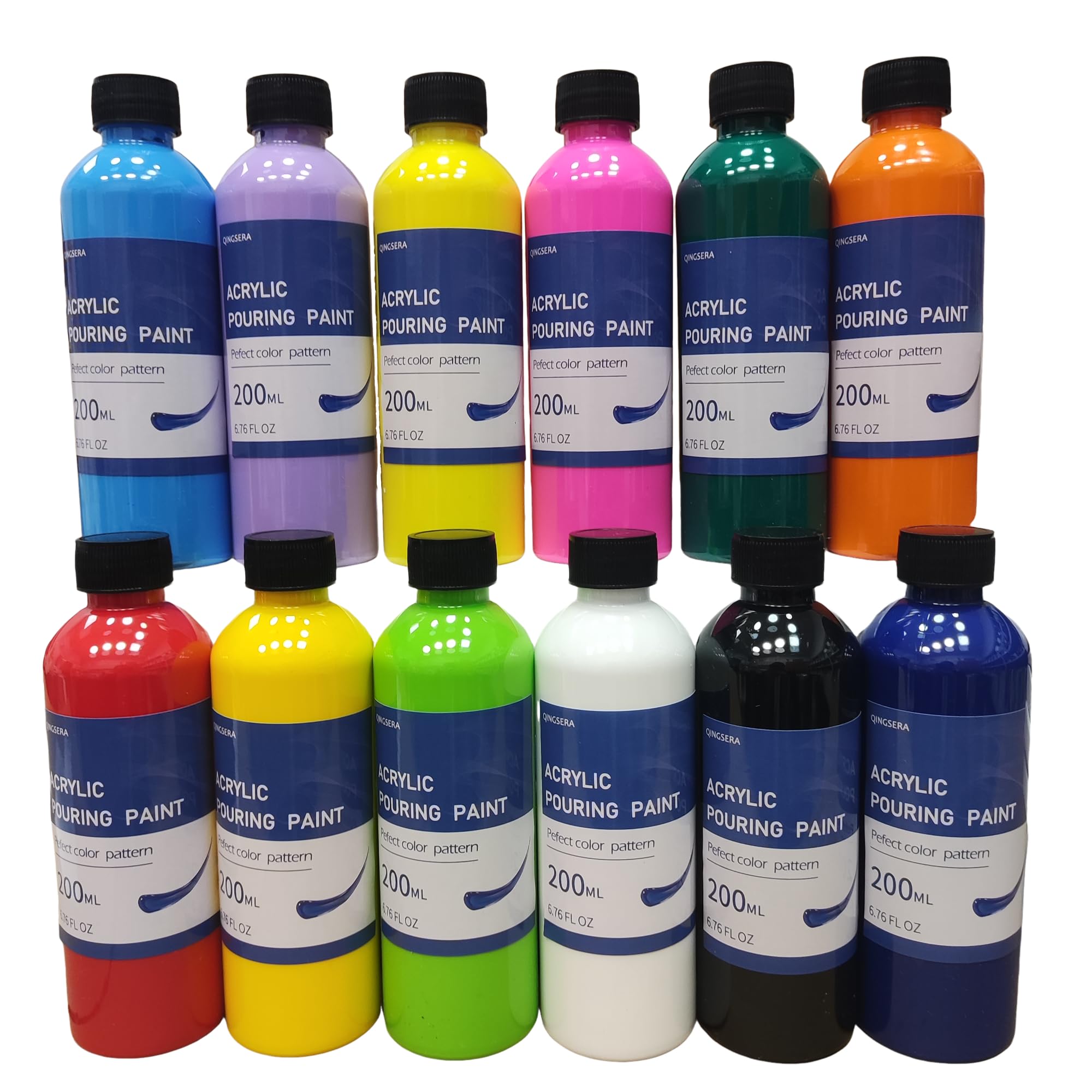 Qingsera Acrylic Pouring Paint Set, 12-Color 6.8 Oz/200ml, Professional Craft Fluid Paints Kit For Adults, Ideal For Painting On Canvases, Wood, Rocks, Plaster, Pre-Mixed High Flow - Ready To Pour