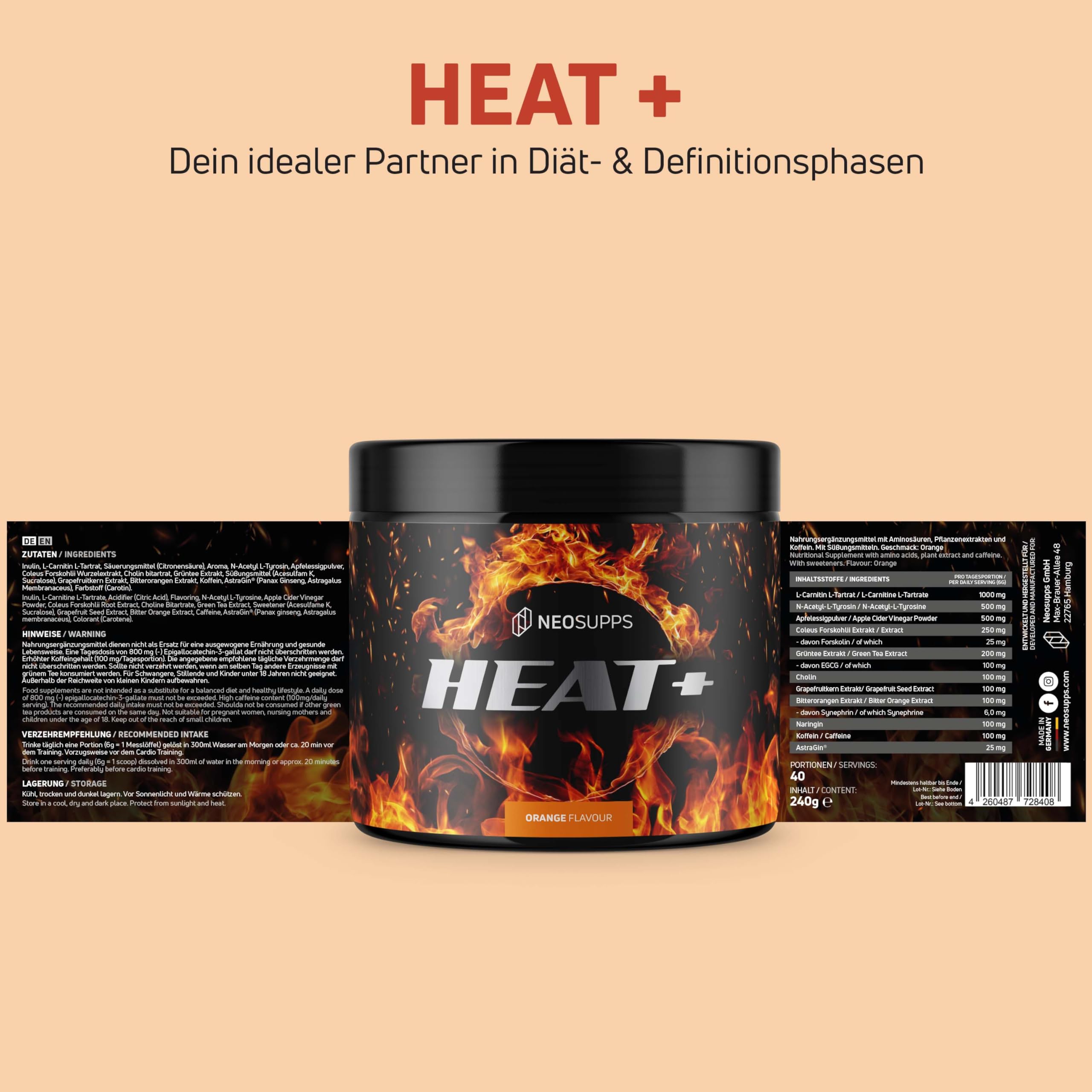 Neosupps Heat+ Diät-Support 240g, zur Anregung des Stoffwechsels & Fettverbrennung, L-Carnitin L-Tartrat Koffein, verbessert Konzentration & Fokus, Erhöht den Energieverbrauch, Vegan, 40 Portionen