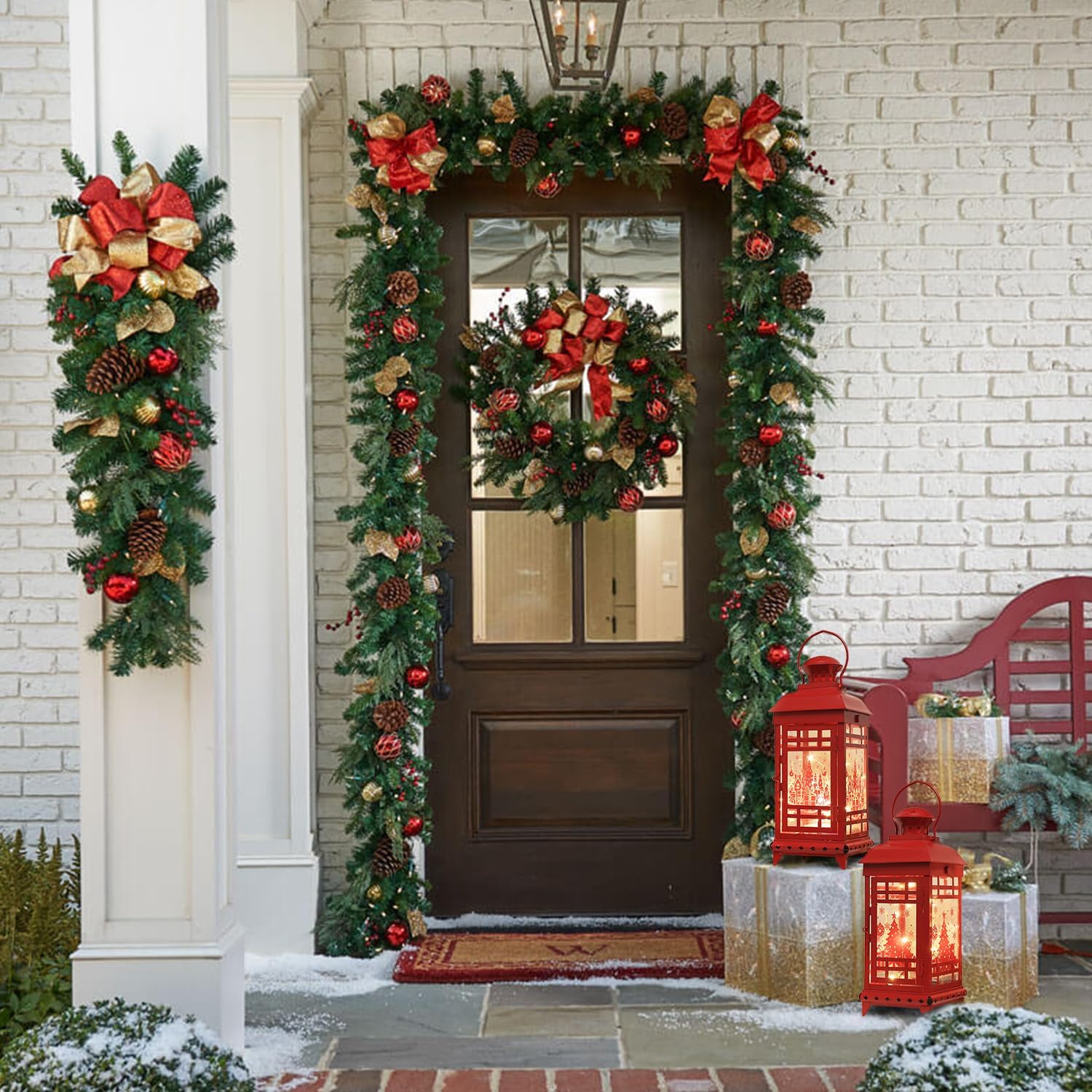 DECORKEY Christmas Lanterns Decorations Outdoor&Indoor, 2PCS Red Decorative Candle Lanterns with Christmas Tree & Gift Box Patterns for Home Porch Centerpiece Table Decor