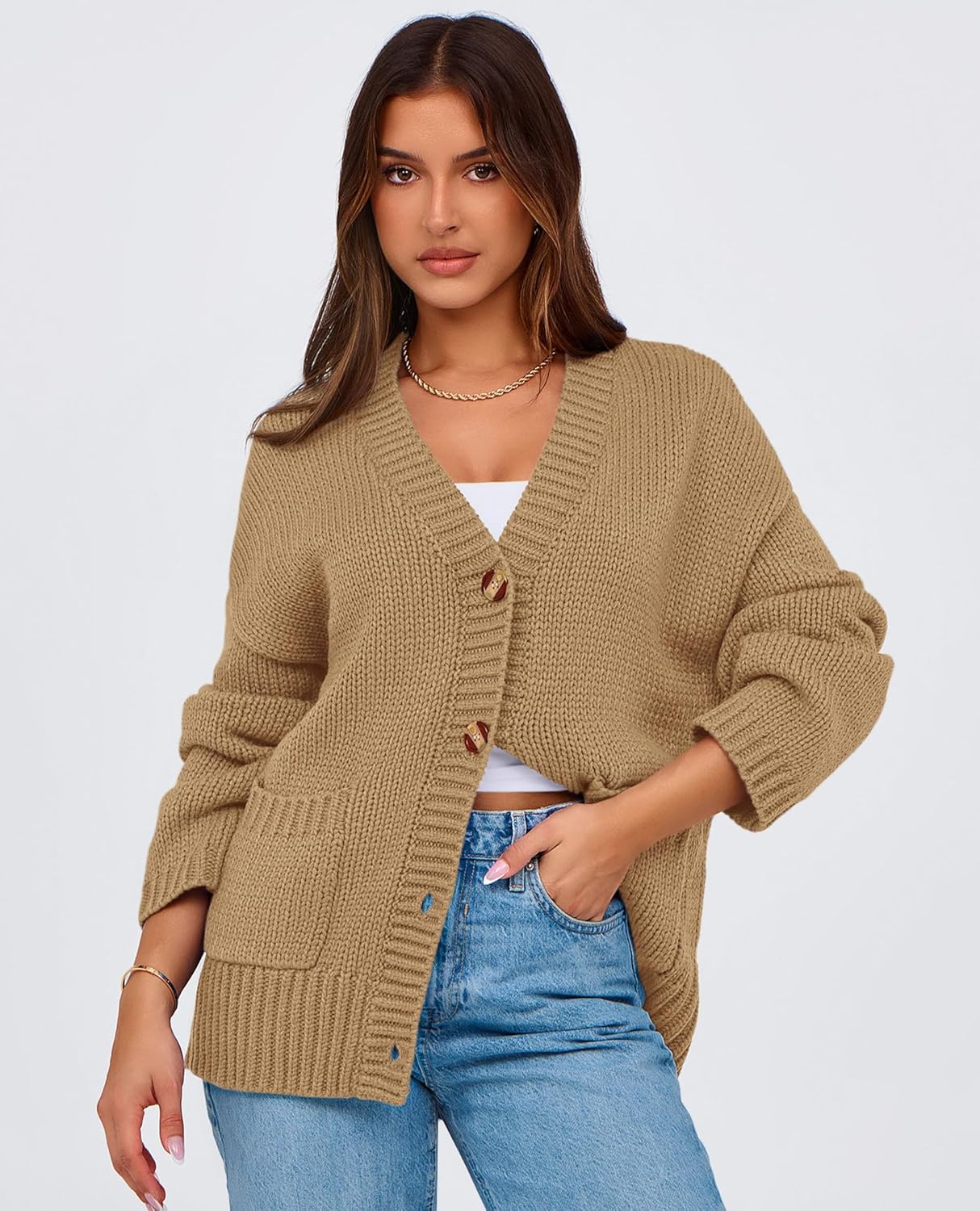 Condition photo showing New/Like New for PRETTYGARDEN Women's 2025 Fall Cardigan Sweaters Long Sleeve Open Front Button Up V Neck Knit Winter Fashion Clothes (Khaki,Small)