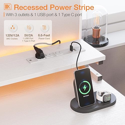 Miniatura 4 de ODK Escritorio de oficina para computadora de 48 pulgadas con puerto de carga USB y bandeja para teclado, escritorio con 2 cajones y soporte para