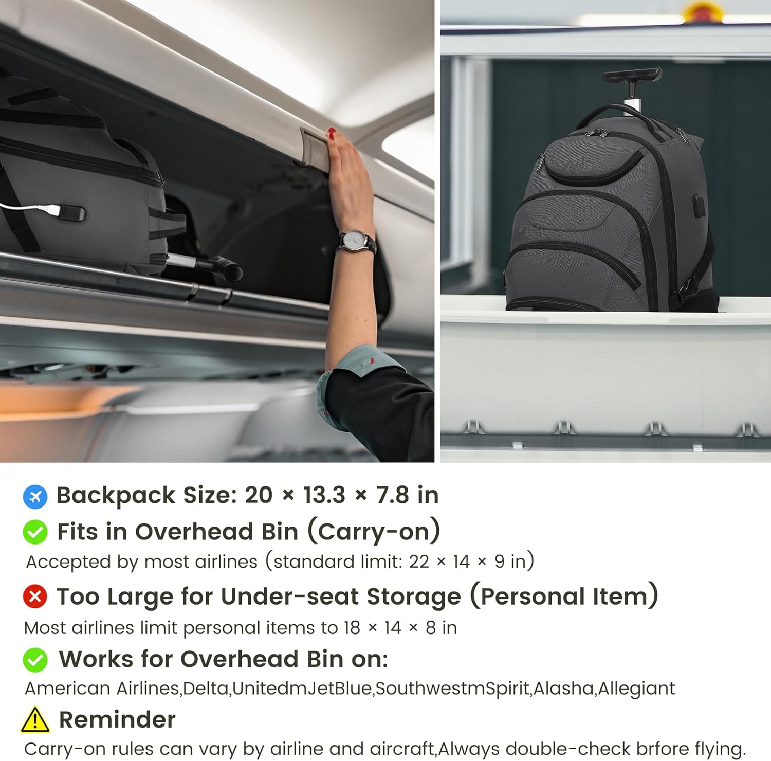 Boavan Rolling Backpack,17 inch Water Resistant Wheeled Backpack,Carry on Luggage Business Bag, Overnight College Computer bag Trolley Suitcase for Men Women Adults to Travel，Grey