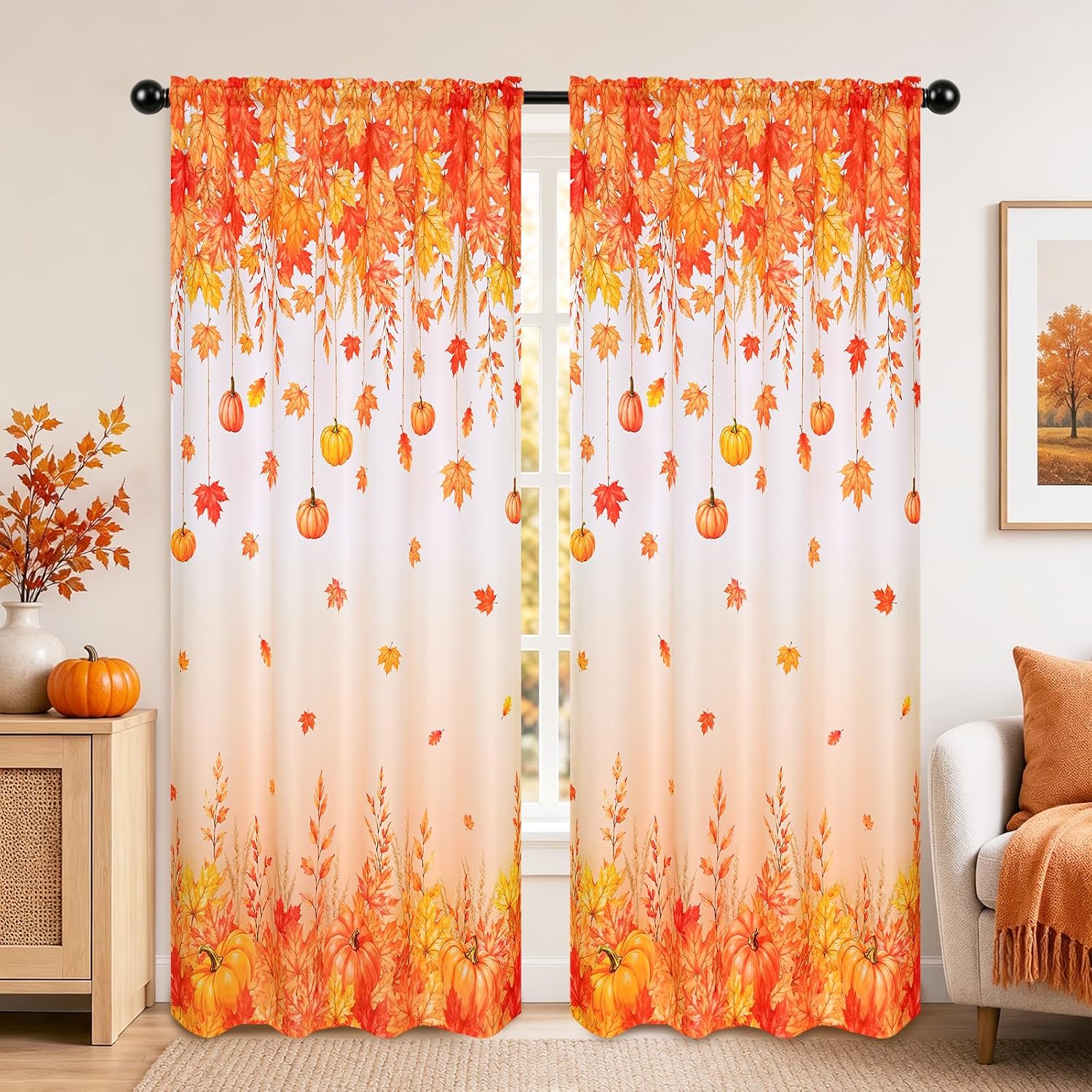 Fall Curtains for Living Room 84 Inch Long 2 Panels Set, Maple Leaf Pumpkin Bedroom Curtains Thanksgiving Light Filtering Window Curtain Rod Pocket Drapes, 52" W x 84" L