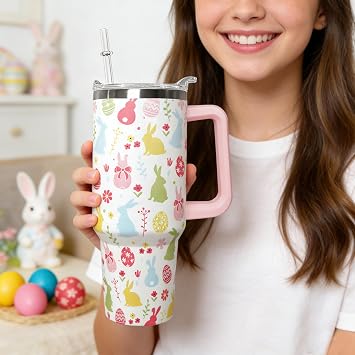 Ceovfoi 40 oz Easter Bunny Tumbler with Handle & Straw, Vacuum Insulated Stainless Steel Water Bottle, Easter Eggs Floral Travel Mug, Easter Gifts for Women, Spring Holiday Tumbler for Car Cup Holder