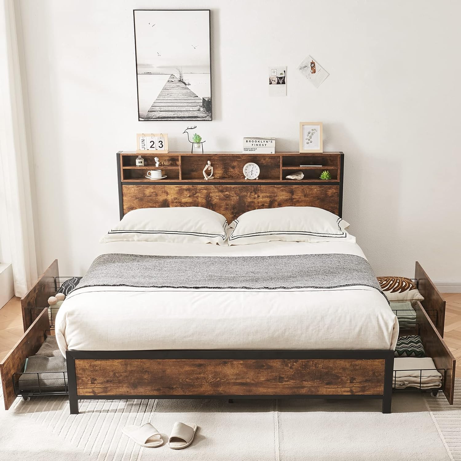 LAGRIMA Full Bed Frame w/ Storage Headboard & 4 Drawers，Bookcase Headboard w/ 5 Shelf，Mattress Foundation w/ Metal Slat Support，No Box Spring Needed，Easy Assembly (Full)，Vintage Brown (T-B836)