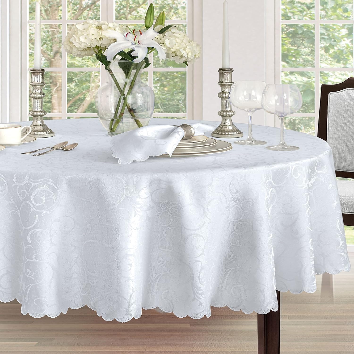 Newbridge Portofino Scalloped Damask Fabric Tablecloth, 60 x 102 Inch Oval, White, Wrinkle and Stain Resistant Dining Room Party Banquet Table Cover